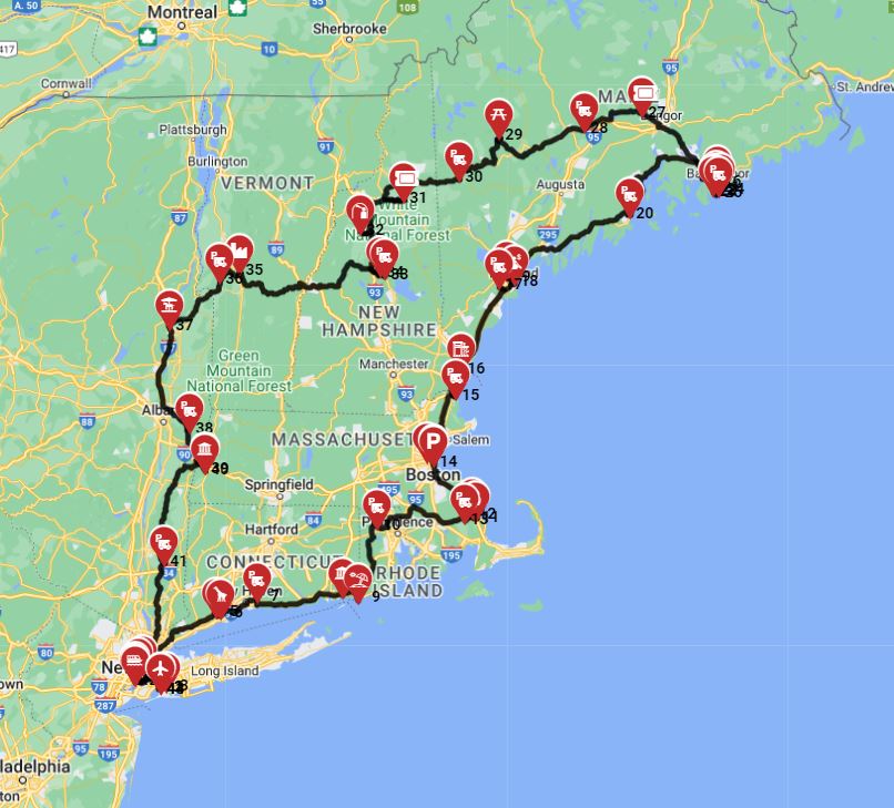 Map for New York Roundtrip - North - Incl Acadia NP
